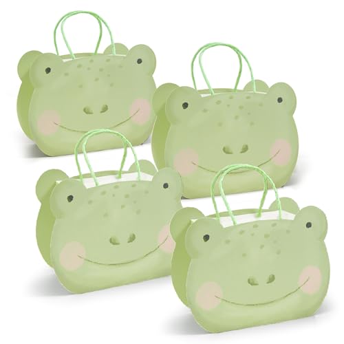 Cheerland Frog Party Favor Bags Reptile Paper Gift Bag Green Animal Theme Face Shaped Goodie Treat Bags for Kids Birthday Jungle Picnic Zoo Baby Shower Spring Party Decorations 4pcs