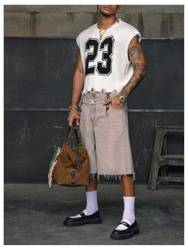Floerns Men's Number Print Distressed Vest Sweater Crew Neck Sleeveless Knit Pullovers4