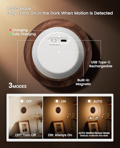 Image of Motion Sensor Night Light Wood USB Rechargeable Stick-On Step Lights Magnetic Small Wall Lights for Hallway Bedroom Living Room Stair, Carved Black Walnut