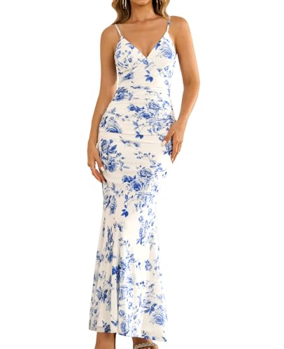 GLNEGE Women's Floral Wedding Guest Formal Maxi Dress Bodycon Spaghetti