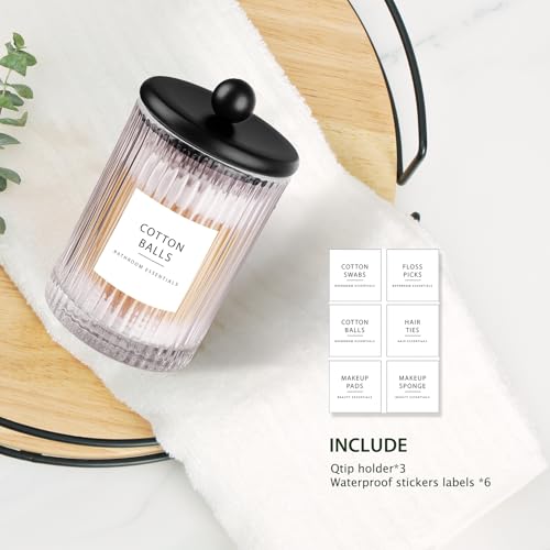 3Pack Glass Qtip Holder Dispenser Set - Bathroom Canister Storage Organizer for Cotton Balls, Swabs, Floss Picks, and Makeup Sponges with Matte Black Metal Lid - Clear Vanity Apothecary Jars - Image 6