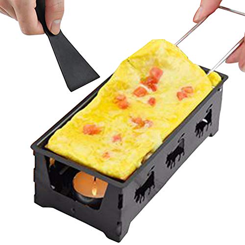 Raclette Grill Set, Non-Stick Raclette Grill Set Cheese Melter Pan with Spatula Foldable Wooden Handle Melted Cheese Raclette Carbon Steel Kitchen Gadgets (Black)