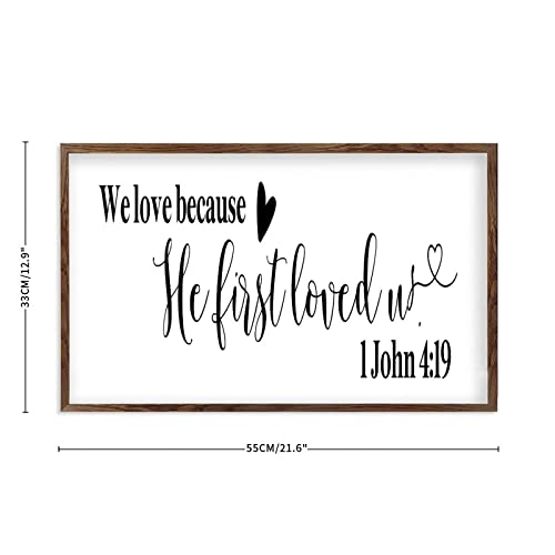 Panneau mural bois vintage We Love Because He First Loved Us 30x56 cm