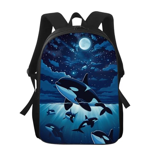 Whale Kids Backpack Killer Whale Orcas in Galaxy School Bookbags Daypack Bag, Water Resistant Children Backpack for Elementary Junior High Girls Boys, 17 Inches, Beautiful Space Moonlight2
