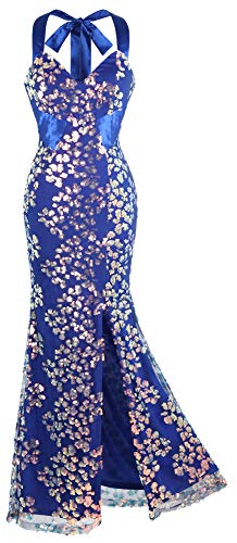 Angel-fashions Damen Rundhalsausschnitt mit Perlen verziert blinging Pailletten Split Abendkleid