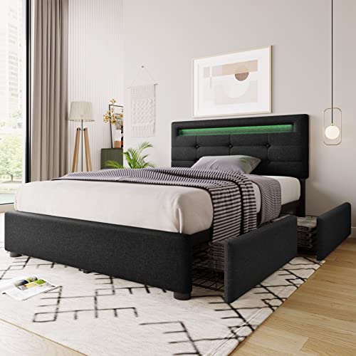 Banemi Estructura de cama 90 X 200, Cama con cajones Cama de lino negro con iluminación LED y 2 cajones, cabecero regulable en altura (sin colchón)