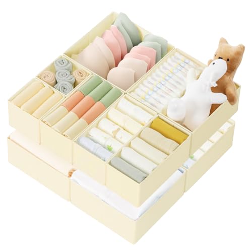 LEFAFA Drawer Organizer Clothes, 10 Pack Dresser Organizer Bins, Foldable Fabric Closet Organizers and Storage, Drawer Dividers for Nursery, Bedroom, Baby Clothes, Underwears, Sock (Beige)