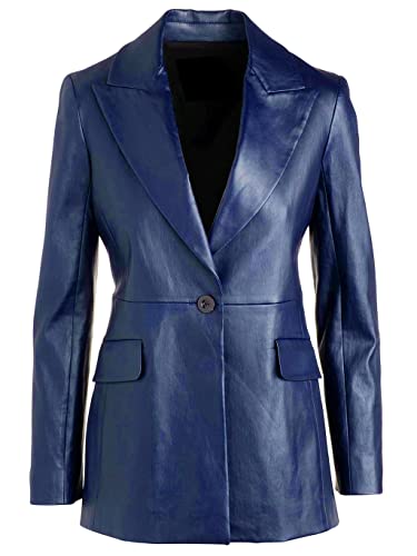 VearFit Office Wear 1-Button Real Genuine Lamskin Long sleeves Leather Blazar Coat Black, Blue and Brown For Women