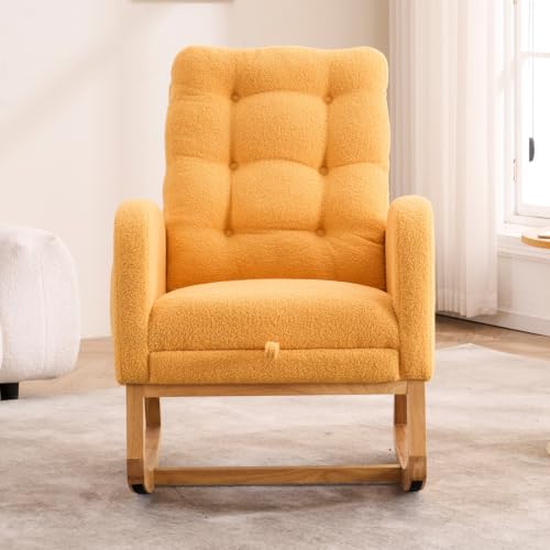 Image of Rocking Chair with Foot Rest, Nursery Rocking Chairs with Rubber Wood Legs, High Back Pocket Modern Upholstered Glider Chair, Comfy Accent Rocker Armchair for Living Room Bedroom,Yellow