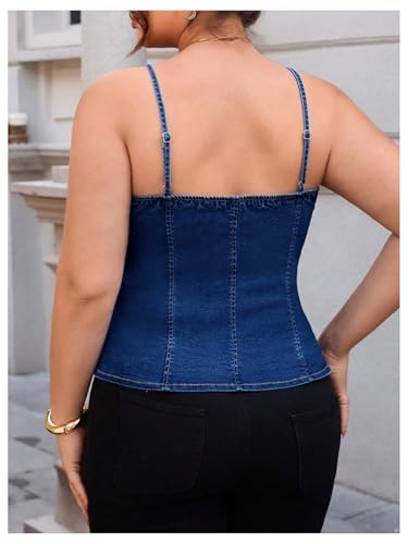 OYOANGLE Women's Plus Size Button Up Denim Cami Top Spaghetti Strap Fitted Jean Tops3