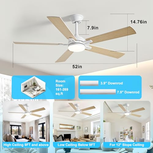Image of Depuley 52-inch Ceiling Fan with Light: White Ceiling Fan for Living Room Indoor Outdoor - Modern Ceiling Fan with Remote Control 3CCT Dimmable Noiseless 5 Reversible Wood Blades 6 Speeds