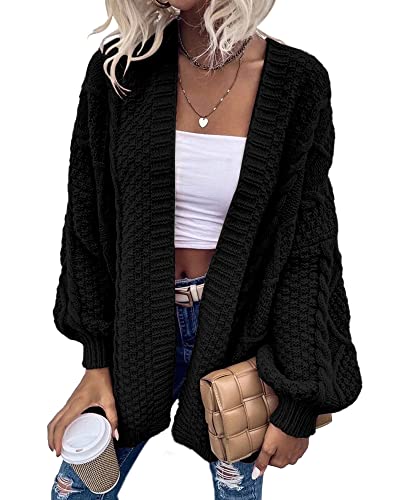 Dyexces Womens Oversized Cardigan Sweaters Open Front Cable Knit Lantern Long Sleeve Chunky Outwear Coats Black