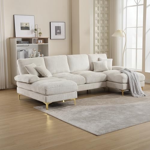 U-formad sektionssoffa i chenilletyg, modern, stor (beige)