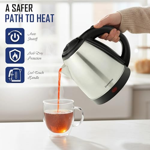 Image of Crompton Nigella 1.5L 1350W Stainless Steel Electric Kettle | Fast Boil | Auto Shut-Off | Dry Boil Protection | Cool Touch Handle | 360 Swivel Base | Black & Silver