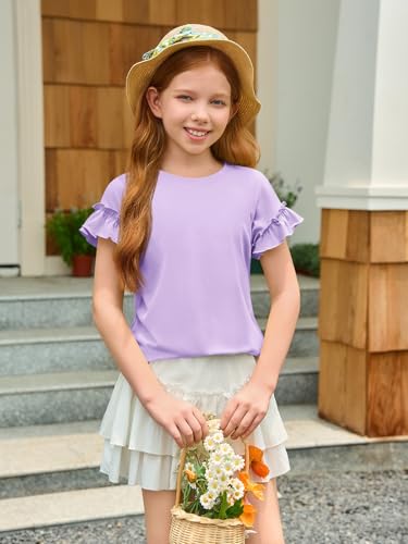 Image of Haloumoning Girls Ruffle Short Sleeve T Shirts Kids Summer Crewneck Tops Cute Tees Blouse 5-14 Years
