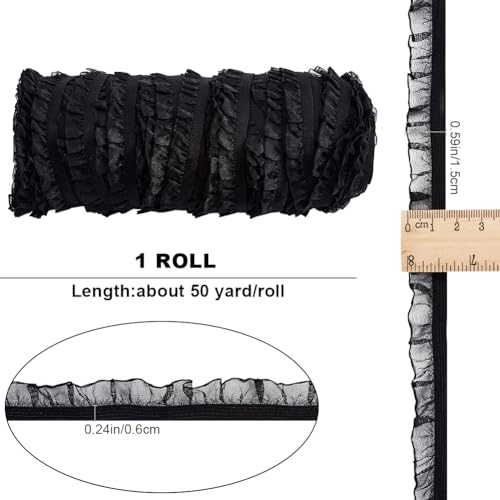 GORGECRAFT 50 Yards Elastic Ruffle Lace Trim 1.5cm Chiffon Pleated Stretch Ribbon Frilly Lace Fabric Gathered Edging Trimming for Hair Tie Headband Lingerie Underwear Sewing Crafts Home Decor Black - Image 2