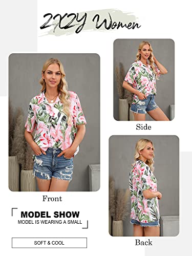 Zxzy Women Summer Hawaii Shirts Soft Cool Floral Tropic Print Short Sleeve Button Up Tops T-Shirt Green #TOP3