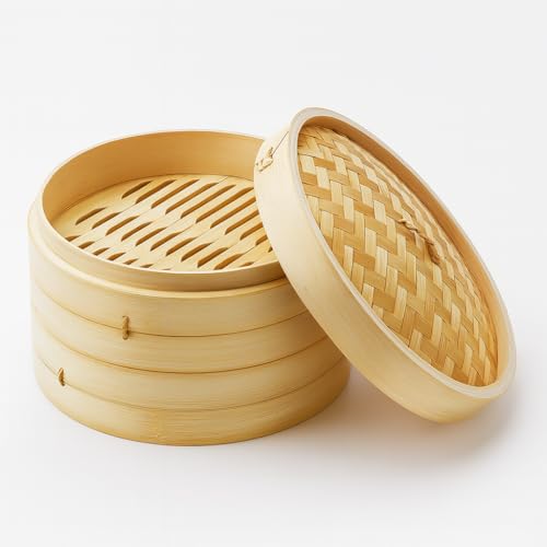 JapanBargain, Chinese Bamboo Steamer Steaming Basket for Vegetable Seafood Dim Sum Dumpling Bun Egg, 8-inch
