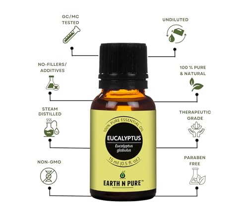 Image of Earth N Pure Eucalyptus Essential Oil for Aromatherapy & Diffuser - 100% Pure Premium Eucalyptus Oil for Steam Inhalation, Fresh Air & Home Use - Natural Essential Oil - 15ml