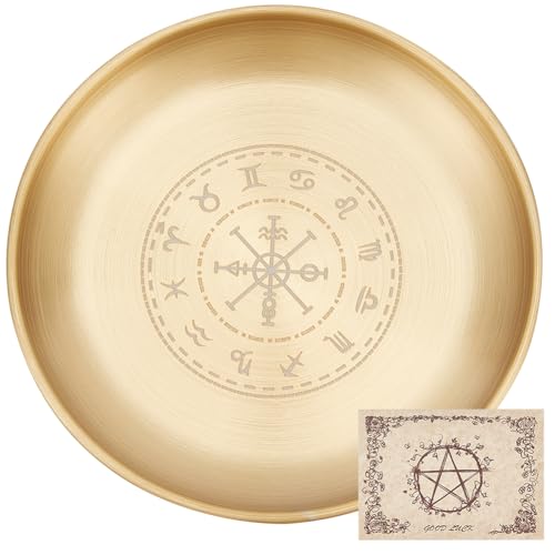 CREATCABIN Viking Runes Altar Plate Tarot Plate Ritual Burning Candle Holder Bowls Offering Incense Burning Ceremony with Altar Card Home Decor for Witchcraft Wiccan Wedding Golden 5.55 Inch