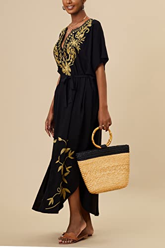Women Embroidery Kaftan Loungewear Boho Homewear Oversized Maxi Beach Dress Cover Ups Robes4