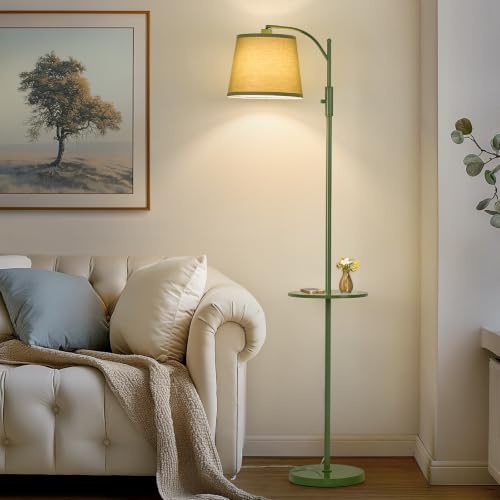 Image of AIDENOEY Fully Dimmable Floor Lamp for Living Room,Standing Lamp Rotary Switch with Table&Linen Beige Shade,Green Tall Lamps for Bedroom with Adjust Head,9W LED Bulb Included