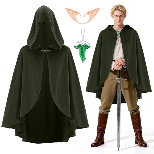 Kodepro Adults Medieval Costume Cloak with Hood 3Pcs Vintage Fancy Dress Kit with Renaissance Hooded Cape Elf Ears Green Leaf Brooch Necklace for Men Women Halloween Cosplay Party World Book Day