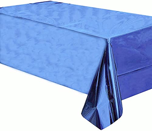 Image of Crackles Blue Rectangular Shiny Metallic Tinsel Foil Solid Color Reusable Table Cover 1.37mX1.83m for Indoor Outdoor Party Birthday,Wedding,Thanksgiving,Christmas,Buffet Parties,Camping