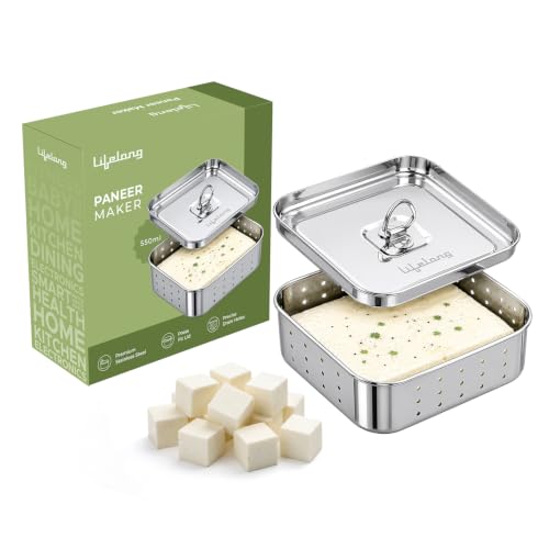 Image of Lifelong Stainless Steel Paneer Mould Maker (550ml) | Press Fit Lid for Firm Texture | Easy Paneer Shaping & Whey Draining | Rust Resistant Tofu Mould Press for Square Paneer Blocks, Cheese, & Sprouts