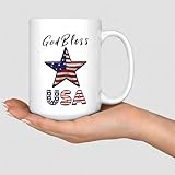 Wodevor 4th of July God Bless America USA Stars Décoration Tasse à café Tasse à thé 445,2 g Independence Date Tasse à café drôle Tasse à thé Maman Grandmère Cadeau d'anniversaire en céramique Blanc