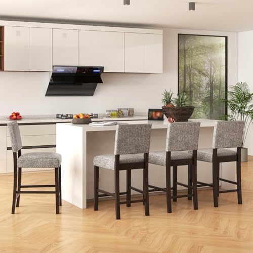 Conjunto de 4 butacos de altura para barra COSTWAY, con cojín grueso acolchado, patas de madera de caucho sólida y reposapiés, estilo moderno para cocina, cafetería y pub miniatura 2