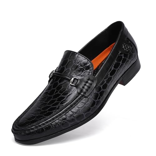 Causal Driving Moccasin Mens Buckle Leather Dress Shoes Loafers Classic Alligators Printed Business Loafer Formal Slip On Penny Loafer, Black, 8.5