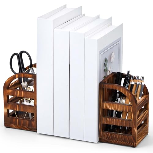 1 Pair 2 in 1 Rustic Burnt Wooden Bookend with Coated Metal Desk Supply Holds Non Skid Desktop Book Ends Pen Holder Pencil Cup Stationery Storage Bins Book Stopper for Home Office Dorm Room