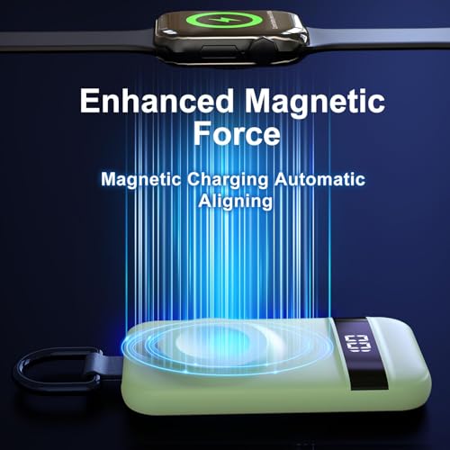 Image of Portable Charger for Apple Watch, 2500mAh & Digital Display - Magnetic Fast Charging iWatch Charger for Travel & Keychain Use - Works with Apple Watch Series (Mint Green)