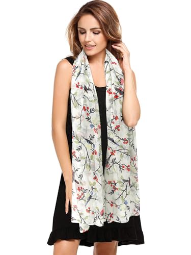 Lightweight Floral Birds Scarves for Woman, Long Lady Scarf, Soft Cotton Feels Shawl Wraps, Bird Accessory