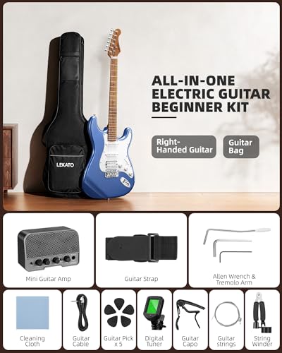 Image of LEKATO Electric Guitar Kit Beginner 39 Inch Full Size Solid Body Guitar HSS for Starter Roasted Maple Neck Fretboard Stainless Steel Frets, 5W Mini Amp, Bag, Tuner, Capo, Strap, String, Picks- Blue
