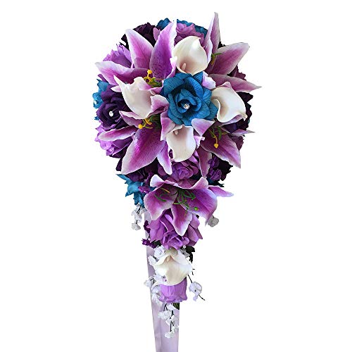 Angel Isabella 13Pc Wedding Bridal Flowers Bouquets Boutonniere - Turquoise, Purple - Silk Roses Flowers #TOP2