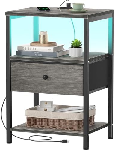 BOLUO Mesa de cabeceira cinza com estação de carregamento, mesa d...