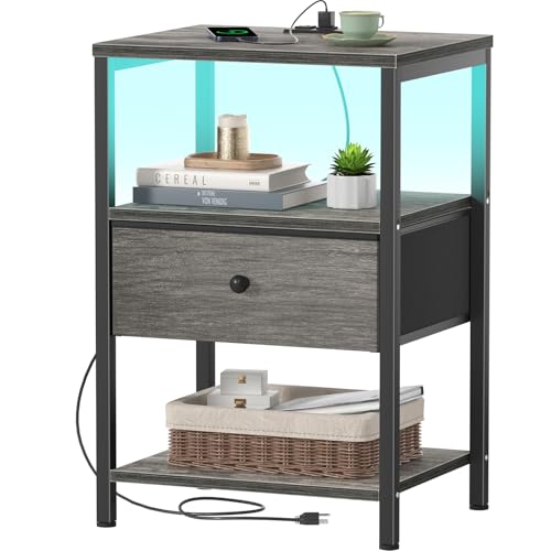 BOLUO Gray Nightstand with Charging Station, LED Night Stand with Fabric Drawers and Shelf, Bedside Table with USB Ports and Outlets, Bedroom Nightstand Modern