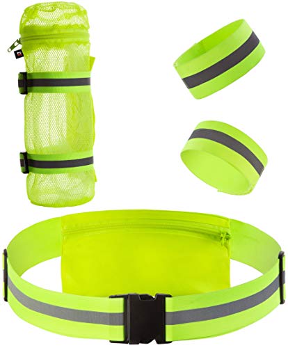 Reflective Belt for Running or Cycling Safety Gear with Back Pocket - Water Bottle Holder - Outdoor Reflector Wrist Arm Ankle Band Set