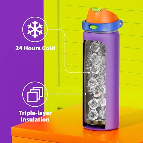 Image of 32 oz Insulated Water Bottle for Women: Meoky Stainless Steel Metal Water Bottle with 2-in-1 Straw and Spout Lid - Leak Proof, Cold for 24 Hours, Protective Silicone Base, BPA-Free for School, Violet