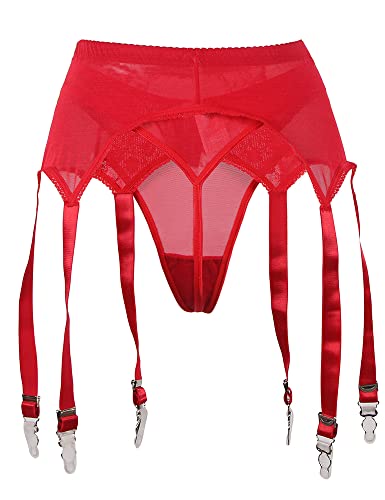 Ohyeahqueen Women's Mesh Plus Size Garter Belt High Waisted Suspender Belt With 6 Metal Clips For Stockings/Lingerie Red 3X-4X #TOP6