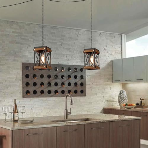 2 Pack Rustic Farmhouse Plug in Pendant Light Fixture with Adjustable Chain, Oak Wood and Metal Lantern Cage Mini Hanging Lamp for Kitchen Island Living Room Hallway Farmhouse Bar, Black by RKUCSR - Image 3