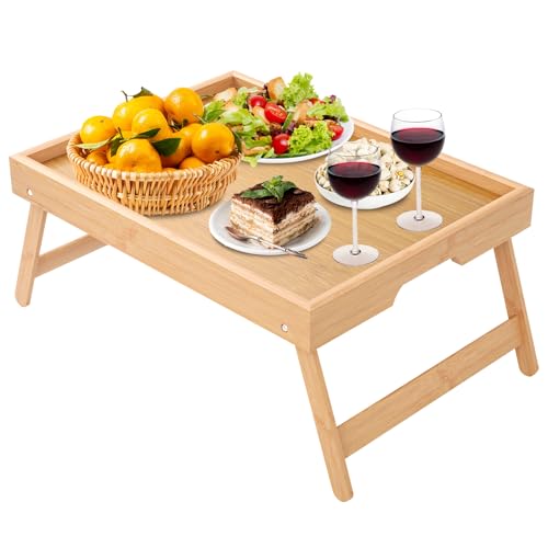 LEKEFETO Bandeja de bambú para cama con patas plegables, bandeja para servir desayuno en la cama, bandeja de desayuno, mesa para ordenador portátil, bandeja para aperitivos, para cama y sofá, 40 x 30