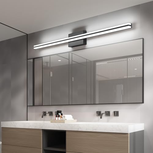 Image of SOLFART Vanity Lighting Fixtures 48 Inch Modern Black Bathroom Vanity Lights Over Mirror 6000K ND 28W