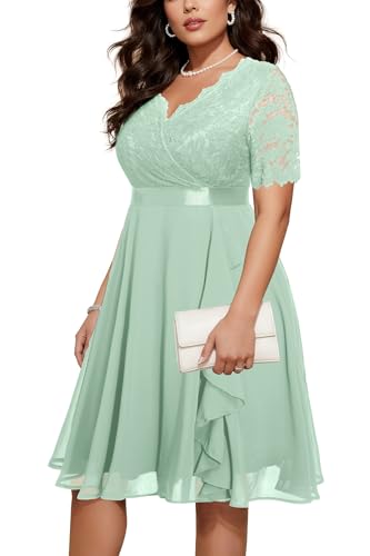 Image of Talisea Plus Size Wedding Guest Dress - Formal Cocktail Party Ruffle Elegant Tea Length Lace Chiffon V Neck Midi Dresses