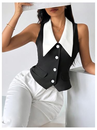 MakeMeChic Women's Colorblock Suit Vest Button Down Sleeveless Work Outerwear Waistcoat4