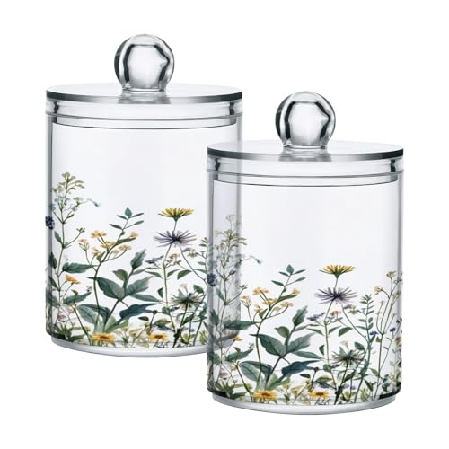 Haskirky 2 Pack Wildflowers Qtip Holder Dispenser,Clear Plastic Apothecary Jars with Lids Home Decor Kitchen Storage Jar for Cotton Ball, Cotton Swab,Floss,10 OZ