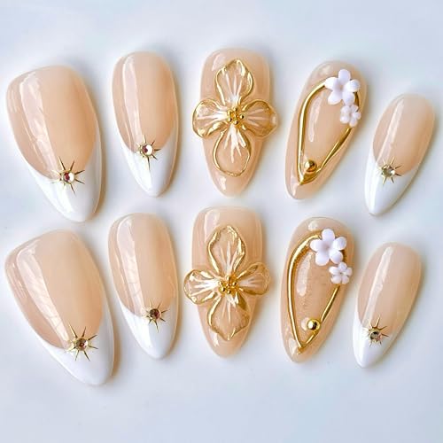 Handmade Press On Nails Medium Almond Shape White French 3D Floral & Star Design with Gold Accents | Elegant Fake Nails Reusable Acrylic Nail Tips with Crystals & Soft Beige Base (Elegant White, S)