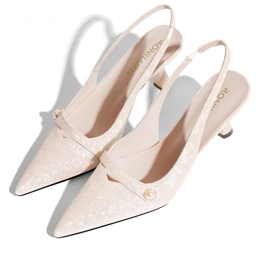 Image of Women Kitten Heels Slingback Low Heel Pumps Dress Shoes for Women Closed Pointed Toe Pearl Heels for Work Wedding Bridal